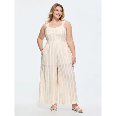 Bloomchic Sheer Striped Print Shirred Straps Jumpsuit In Neutral