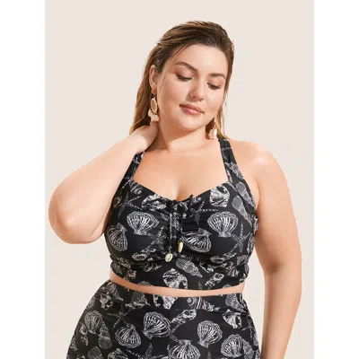 Bloomchic Shell Print Drawstring Ruched Skinny Swim Top In Black
