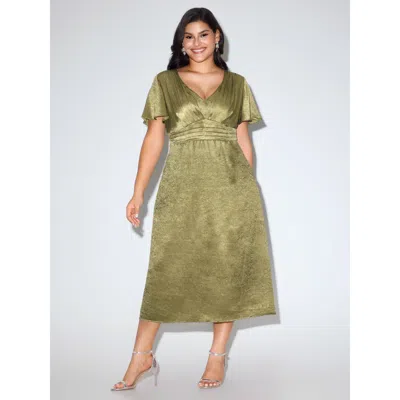 Bloomchic Shimmery Flared Sleeve V-neck Midi Party Dress In Green