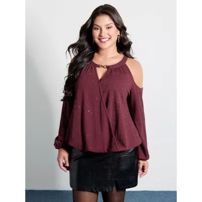 Bloomchic Shimmery Silk Wrap Cut-out Shoulder Blouse In Blue