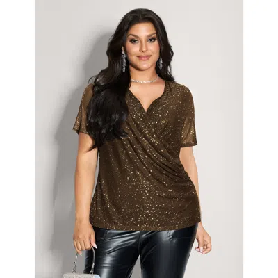 Bloomchic Shimmery Wrap Neck Sheer Sleeve T-shirt In Brown