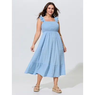 Bloomchic Shirred Bodice Ruffled Straps Flowy Midi Dress In Blue