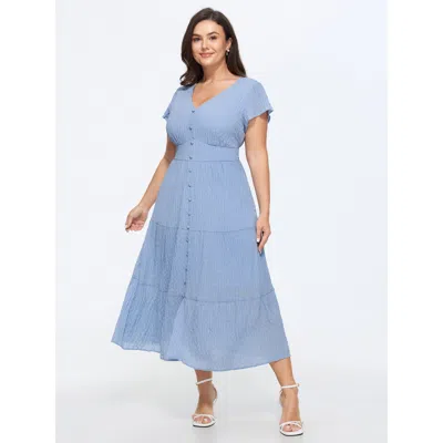 Bloomchic Shirred Cinched Waist Tiered Midi Dress In Lightblue