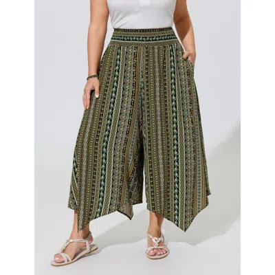 Bloomchic Shirred Colorful Asymmetric Hem Pants In Green