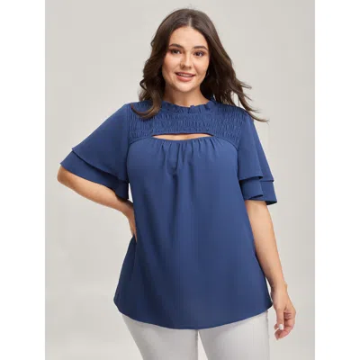 Bloomchic Shirred Cut-out Neckline Layered Sleeve Blouse In Transparent
