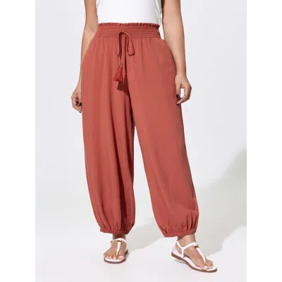 Bloomchic Shirred Drawstring Waistline Jogger Pants In Brown