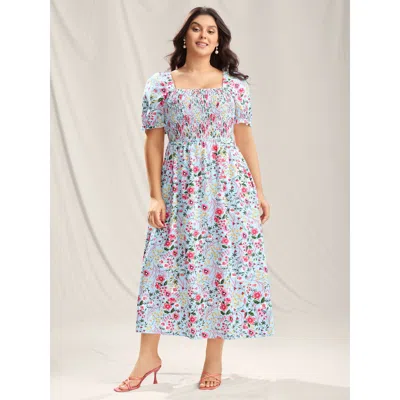 Bloomchic Shirred Floral Print Pockets Maxi Dress In Blue