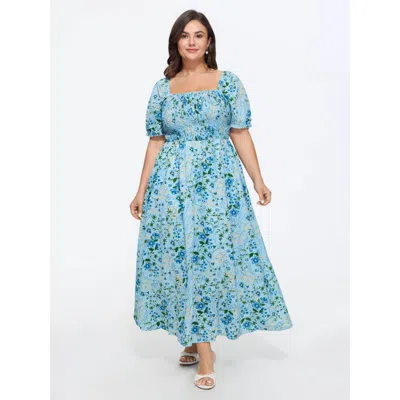 Bloomchic Shirred Floral Print Pockets Maxi Dress In Cerulean