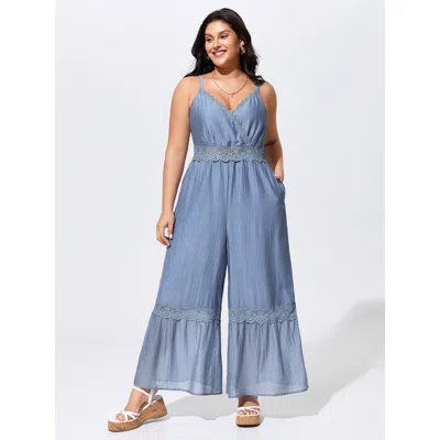 Bloomchic Shirred Lace Detail Wide-leg Jumpsuit In Gray
