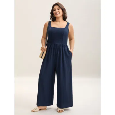 Bloomchic Shirred Pockets Wide-leg Plain Jumpsuit In Blue