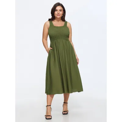 Bloomchic Shirred Round Neck Pockets Midi Dress In Green