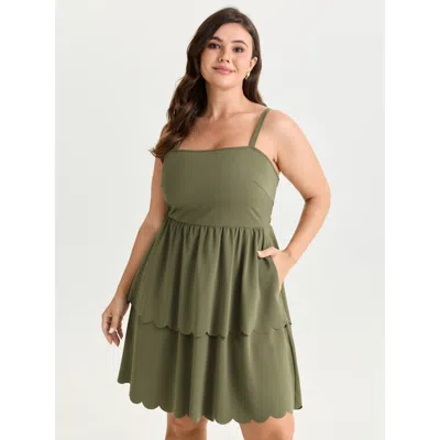 Bloomchic Shirred Tiered Laser Cut Hem Cami Mini Dress In Green