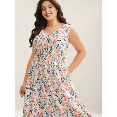 Bloomchic Shirred Waist Floral Print Pockets Midi Dress In White