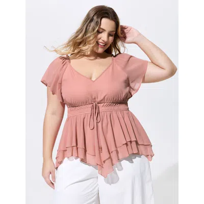 Bloomchic Shirred Waist Layered Ruffled Hem Blouse In Pink