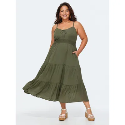 Bloomchic Shirred Waist Tiered Cami Midi Dress In Green