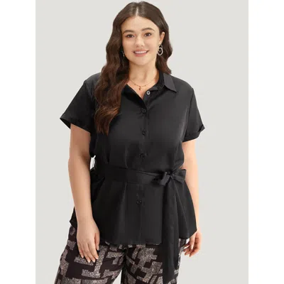 Bloomchic Shirt Collar Belted Button Through Woven Top In Black