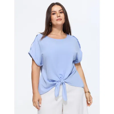 Bloomchic Shoulder Button Detail Knotted Front Plain Blouse In Lightblue
