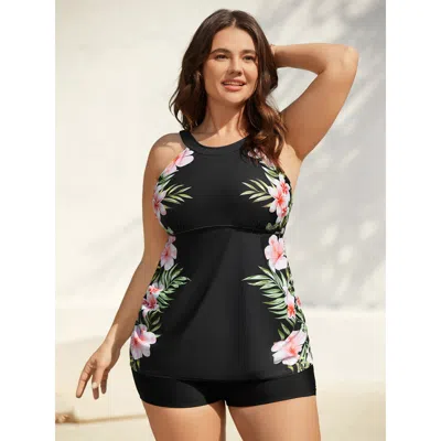 Bloomchic Side Floral Pattern Round Neck Swim Top In Multi