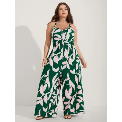 Bloomchic Silhouette Floral Print Sweetheart Jumpsuit In Green