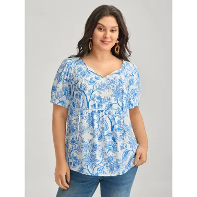 Bloomchic Silhouette Flower Print Neck Tie Blouse In Blue