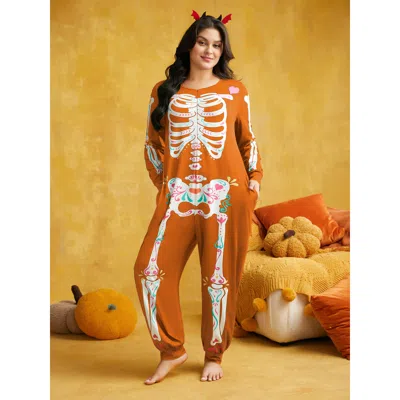 Bloomchic Skeletal Rib Print Hidden Zipper Lounge Jumpsuit In Turmeric