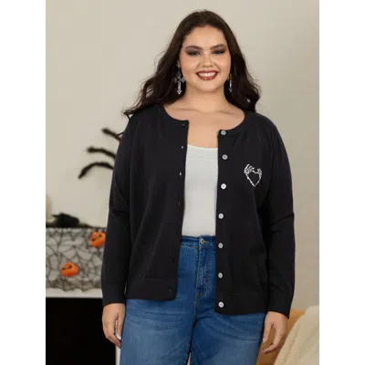 Bloomchic Skeleton Heart Jacquard Button Front Cardigan In Black