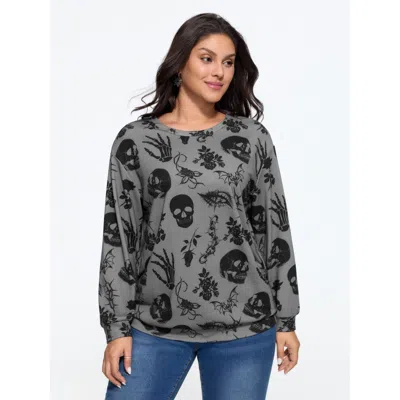 Bloomchic Skull Rose Skeleton Print Round Neck Sweatshirt In Charcoal Gray