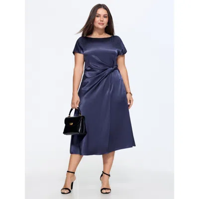 Bloomchic Sleek Satin Draped Waist Midi Dress In Navy