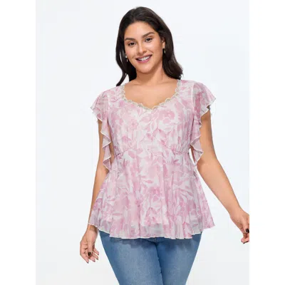 Bloomchic Soft Floral Lace Scallop Neck Flutter Sleeve Peplum Top In Lightpink
