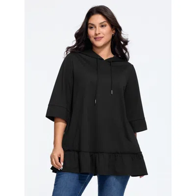Bloomchic Solid 3/4 Roll‑up Sleeve Hooded Sweatshirt In Black