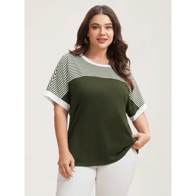 Bloomchic Solid And Striped Contrast Hem T-shirt In Black Forest