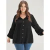 Bloomchic Solid Button Lantern Sleeve Polka Dot Blouse In Black