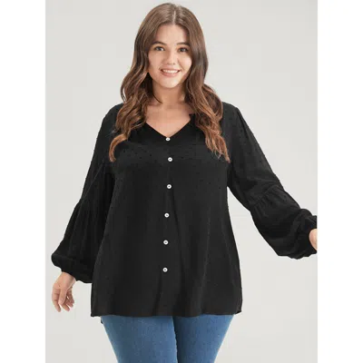 Bloomchic Solid Button Lantern Sleeve Polka Dot Blouse In Black