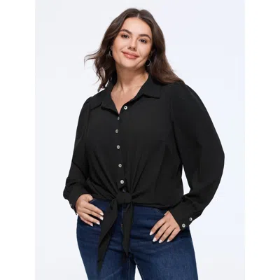 Bloomchic Solid Collared Long Sleeve Tie Hem Blouse In Black