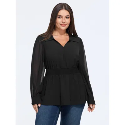 Bloomchic Solid Collared Shirred Waist Blouse In Black