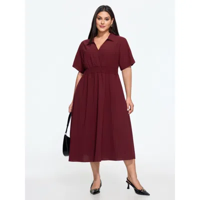 Bloomchic Solid Collared Shirred Waist Midi Dress In Brown