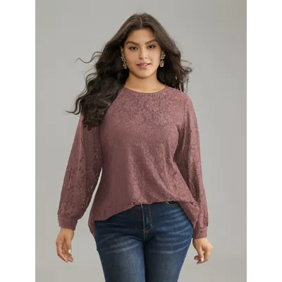 Bloomchic Solid Crochet Lace Mesh Crew Neck Blouse In Brown