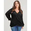 Bloomchic Solid Crossover Hem Lace Blouse In Black