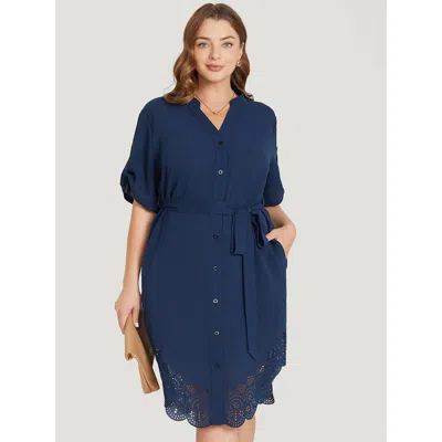 Bloomchic Solid Cuffed Sleeve Button Up Belted Laser Cut Arc Hem Dress In Blue