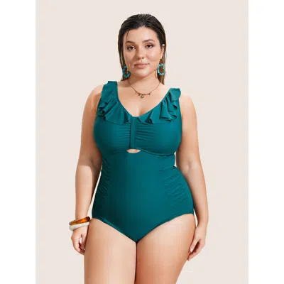 Bloomchic Solid Cut Out Ruffle Trim One Piece Swimsuit In Black