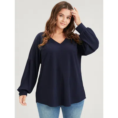 Bloomchic Solid Drop Shoulder Pocket Arc Hem Rib Knit Sweatshirt In Blue