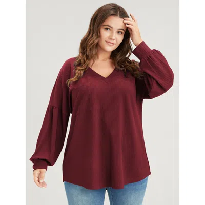 Bloomchic Solid Drop Shoulder Pocket Arc Hem Rib Knit Sweatshirt In Burgundy