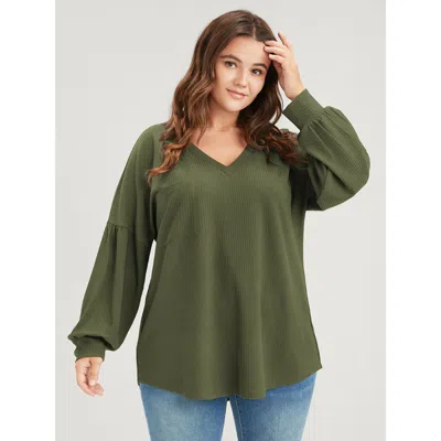 Bloomchic Solid Drop Shoulder Pocket Arc Hem Rib Knit Sweatshirt In Green