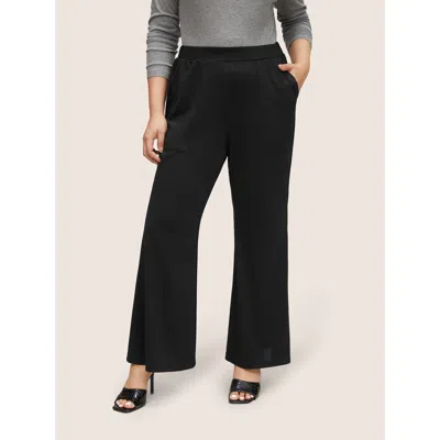 Bloomchic Solid Elastic Waist Pocket Flare Leg Pants In Black