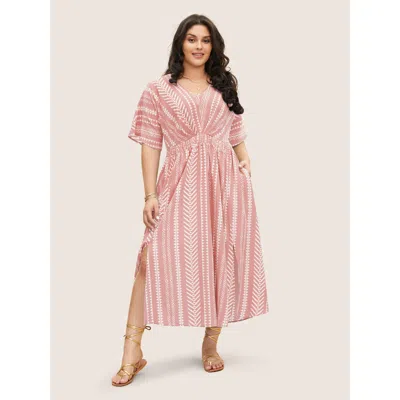 Bloomchic Solid Geometric Dolman Sleeve Pocket Shirred Split Hem Dress