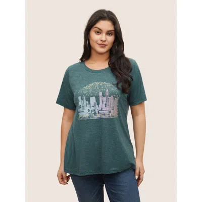 Bloomchic Solid Heather City Print Crew Neck T-shirt In Green