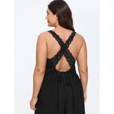 Bloomchic Solid Lace Cross Back Wide Leg Jumpsuit In Black