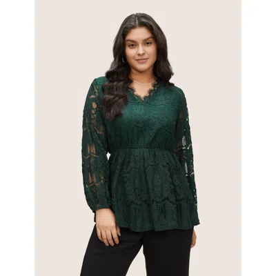 Bloomchic Solid Lace Patchwork Elastic Waist Blouse In Green