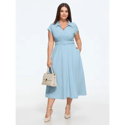 Bloomchic Solid Lapel Collar Belted Midi Dress In Lightblue