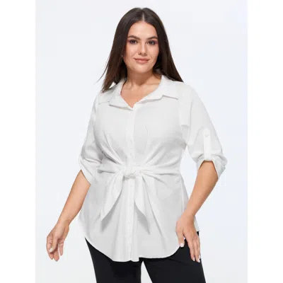 Bloomchic Solid Lapel Collar Knotted Front Waist Shirt In Opticwhite